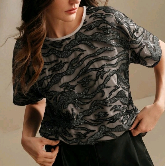 Women's Black Sequin Embellished Short Sleeve T-Shirt, Suitable For Commuting - Picture 1 of 4